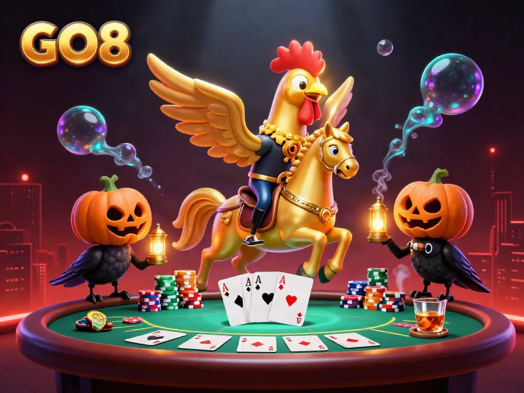 GO8 casino adventure with a golden rooster riding through a vibrant gaming scene, showcasing poker elements.