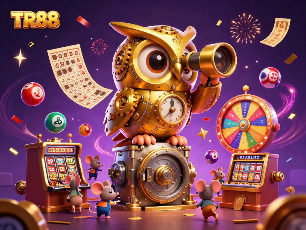 Experience thrilling gambling at TR88 with a vibrant casino scene featuring a golden owl and lively characters.
