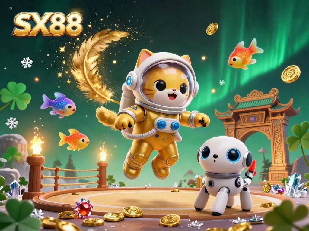 Engage with SX88's exciting online games through a captivating cosmic casino illustration featuring a space cat and robot dog.