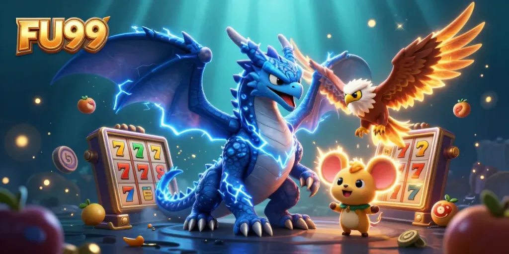 Play thrilling slots with FU99 in this vibrant 3D casino illustration featuring dynamic game elements.