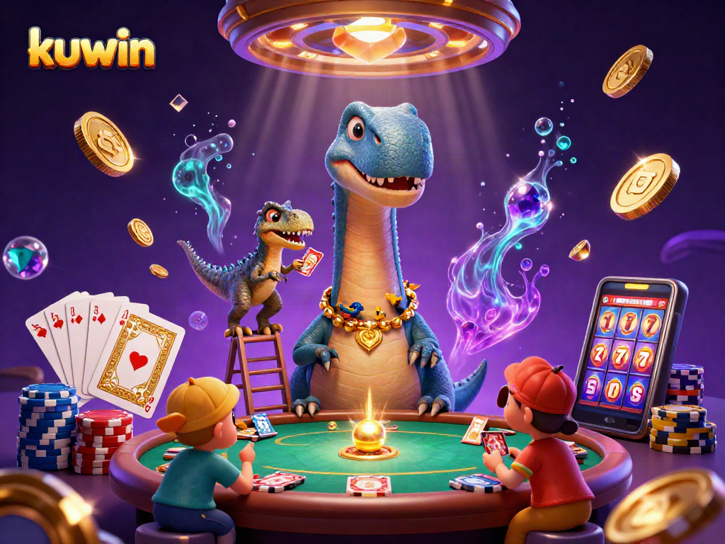 Engage with kuwin's thrilling card games as the giant dinosaur watches over the action!