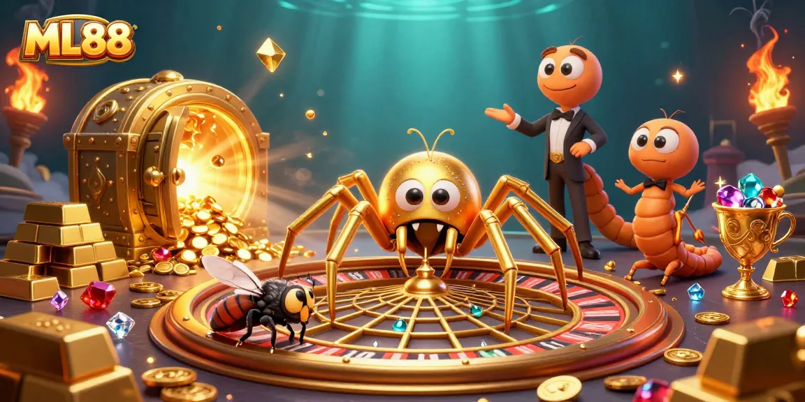 Place bets like a pro at ML88's thrilling casino scene featuring a roulette wheel and treasure.