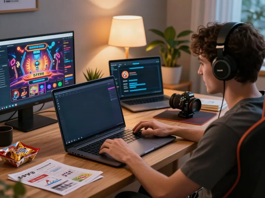 Engaged user on https://sky88tg.com/ playing casino games on a laptop in a stylish home setup.