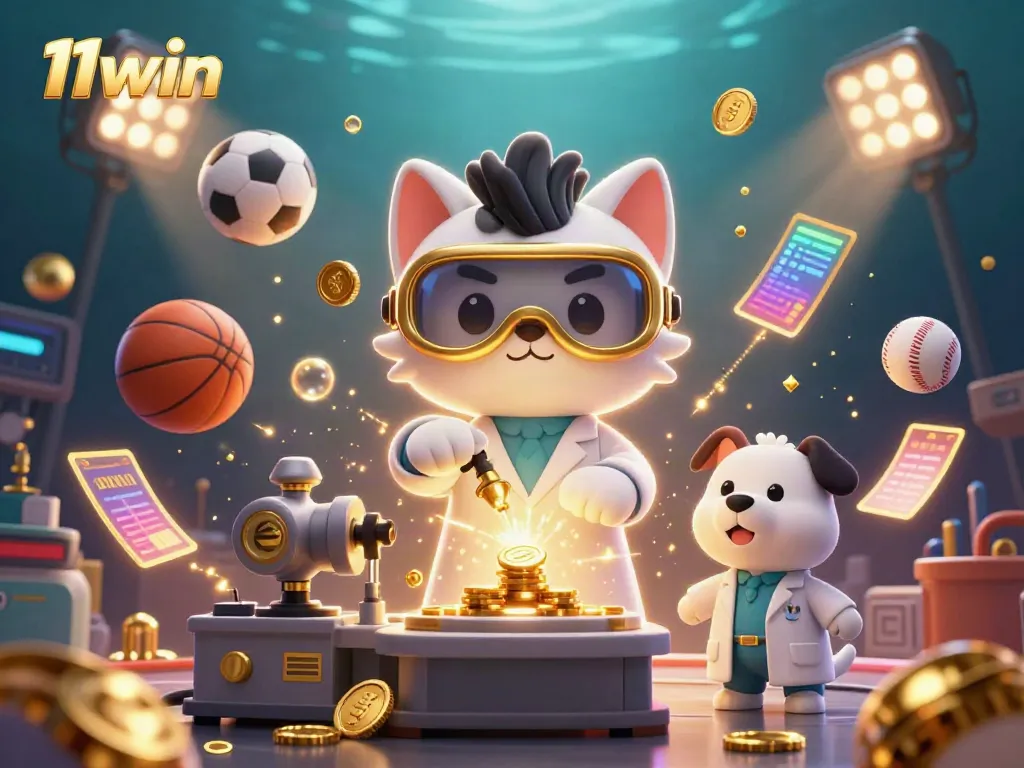 Engage with the 11win experience featuring a fun scientist cat and dog amid lively sports elements in a vibrant scene.