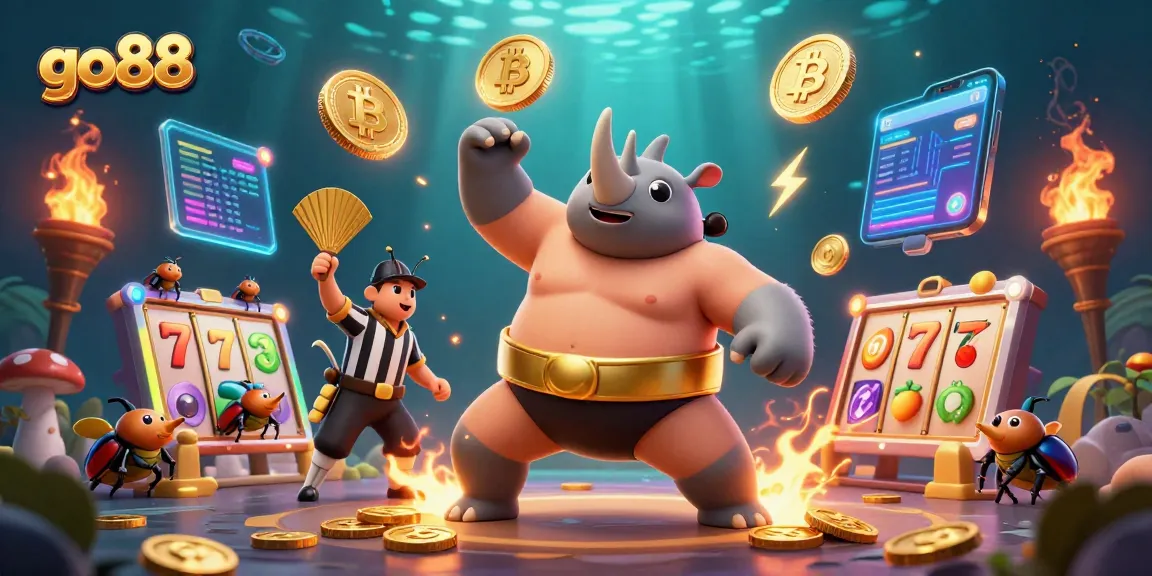 Celebrate with go88's animated scene of a sumo champion beetle amidst coins and slot reels.