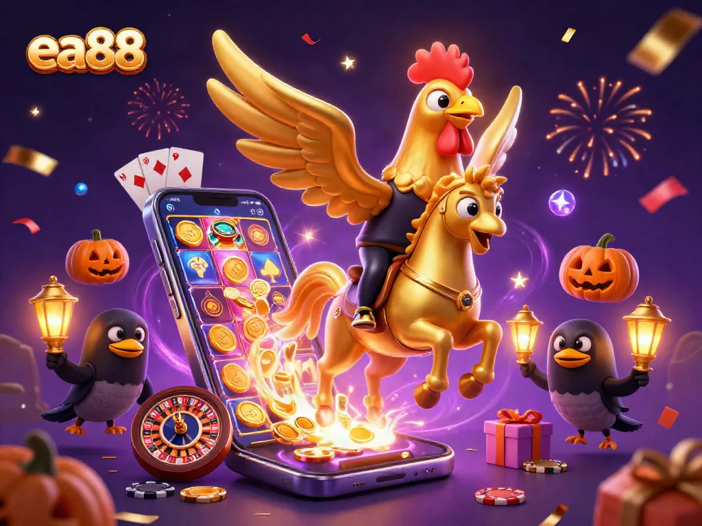 Join the fun with ea88 casino games, featuring vibrant visuals of a golden rooster and magical gaming elements.