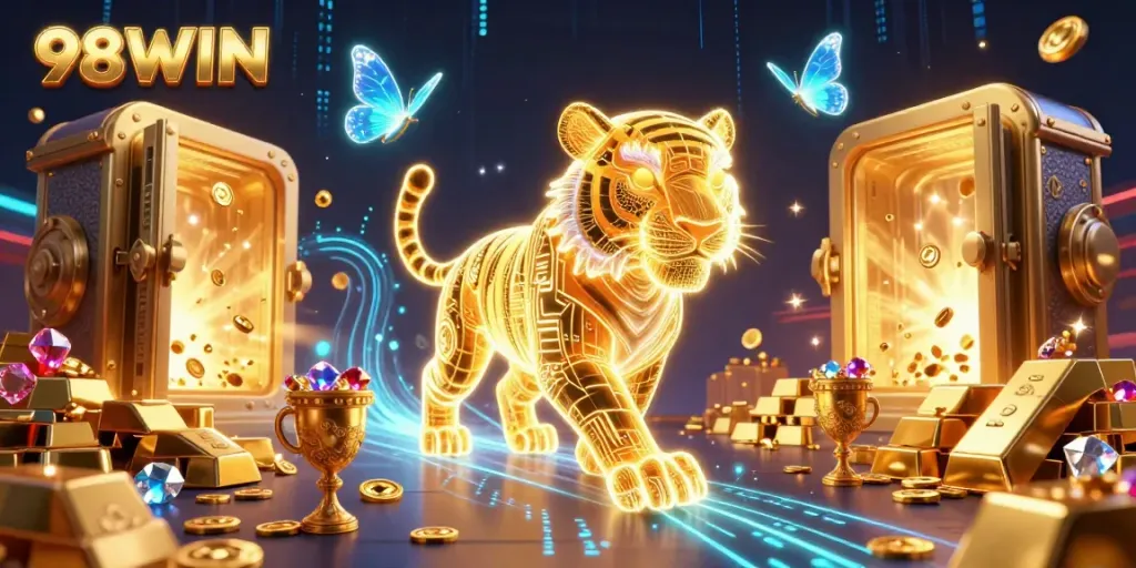 Experience the thrill of gaming at 98WIN with a dazzling golden tiger and treasures illuminating the casino.