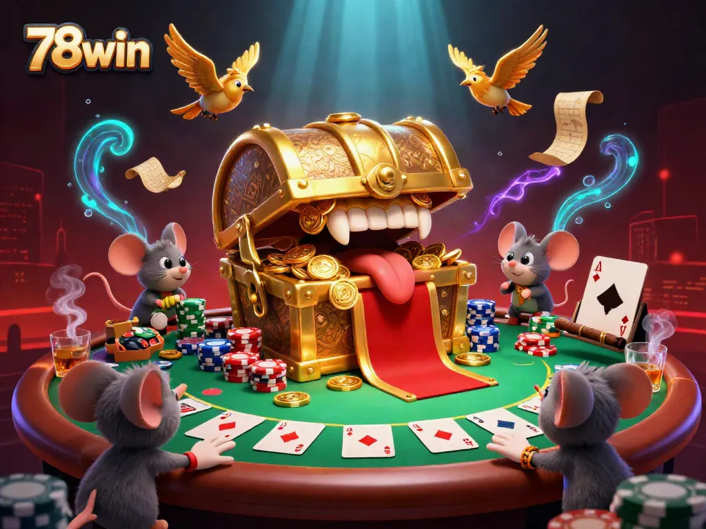 Experience thrilling online gambling with the 78win treasure chest, poker tables, and vibrant casino elements.
