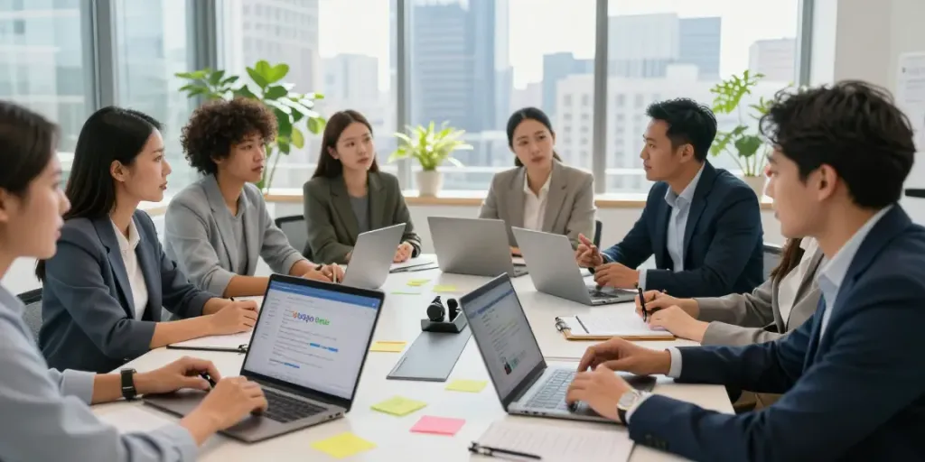 Team collaborating on strategies to enhance google reviews in a modern office