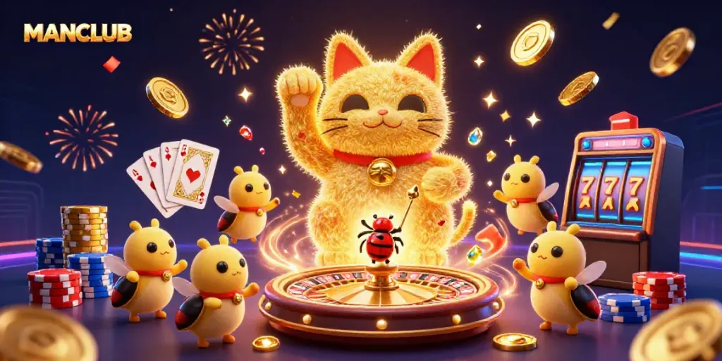 Engage in lucky gaming excitement with MANCLUB casino-themed illustration featuring vibrant symbols and characters.