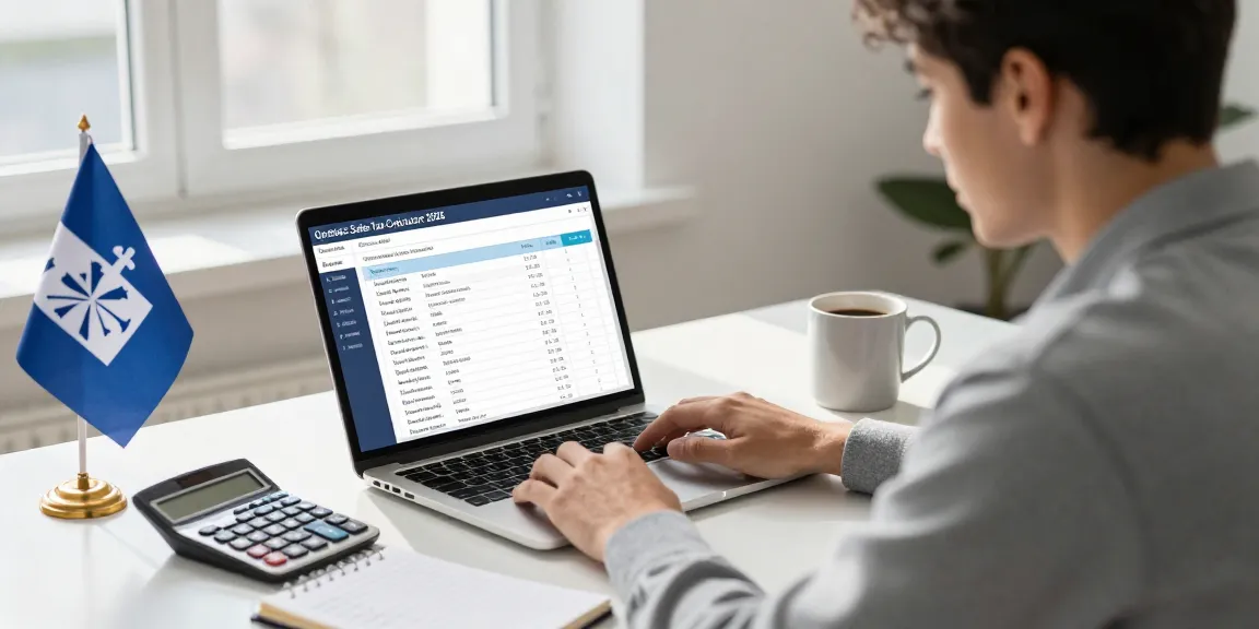 Using the quebec sales tax calculator 2026 in a modern office setting with tax breakdowns visible on screen.