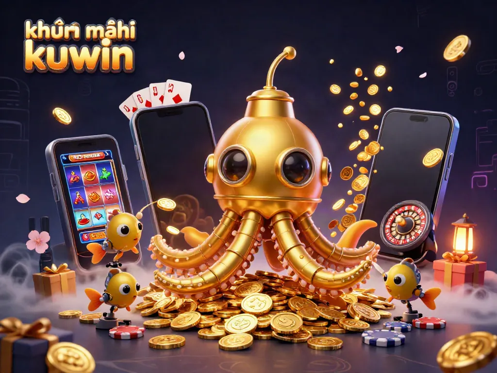 Engage with exciting khuyến mãi kuwin as a golden kraken submarine surfaces amidst golden coins in a dynamic casino scene.