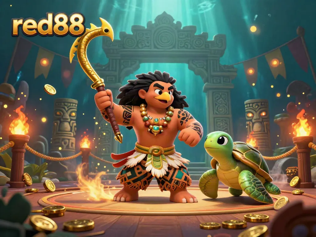 Experience the excitement of red88 with a vibrant 3D casino illustration featuring mythical characters and dynamic game elements.