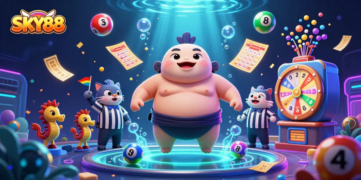 Engage with thrilling SKY88 lottery action featuring a sumo fugu and vibrant game elements.