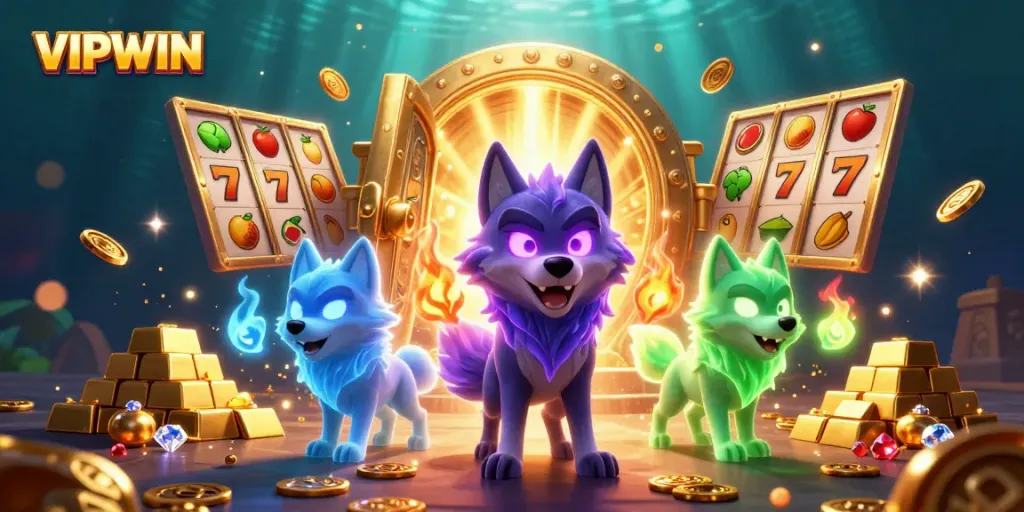 Experience thrilling slots at VIPWIN with captivating jackpot elements amidst a mystical wolf scene.