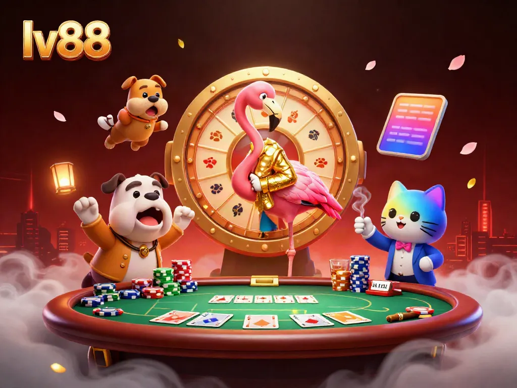 Experience excitement at lv88 with a cartoon scene of a game show host and a bulldog contestant at a dazzling prize wheel.