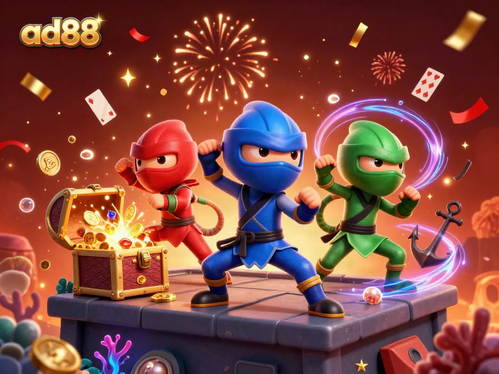 Engage in thrilling gameplay with ad88's 3D chameleon ninjas under an explosive treasure of gems.