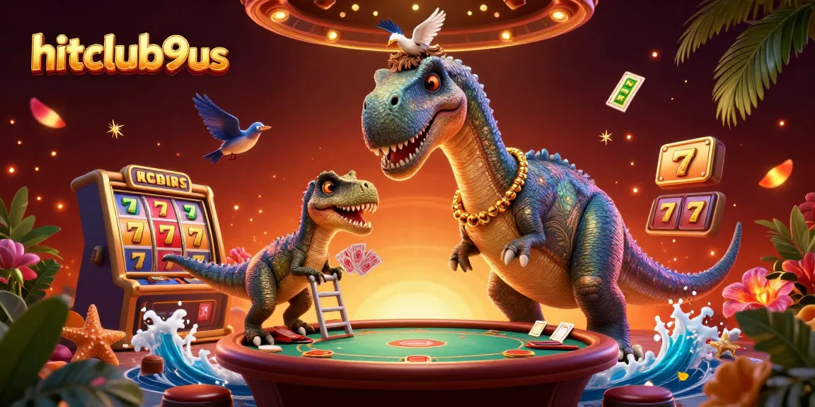 Experience excitement at hitclub9us with a comedic 3D brontosaurus and raptor dealing cards