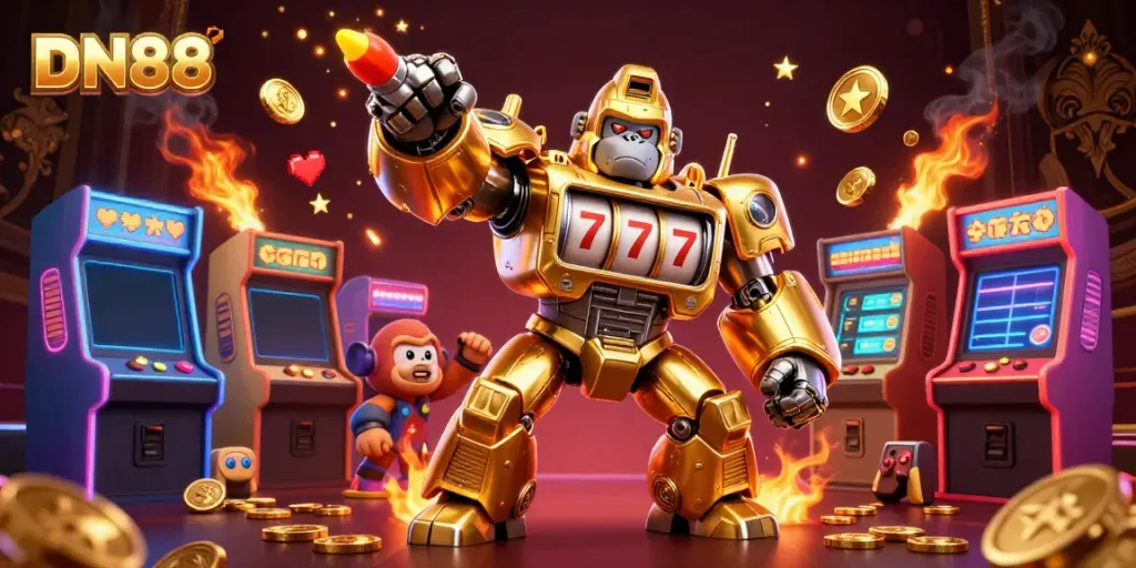 Experience thrilling moments with DN88's dynamic 3D illustration showcasing its vibrant gaming elements and engaging design.