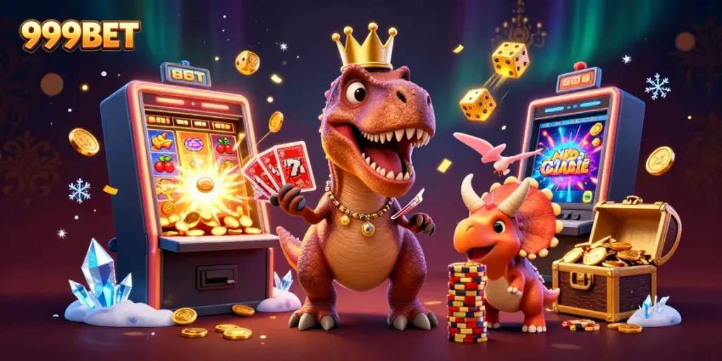 Join the excitement of 999BET with a fun casino scene featuring a T-Rex and friends.