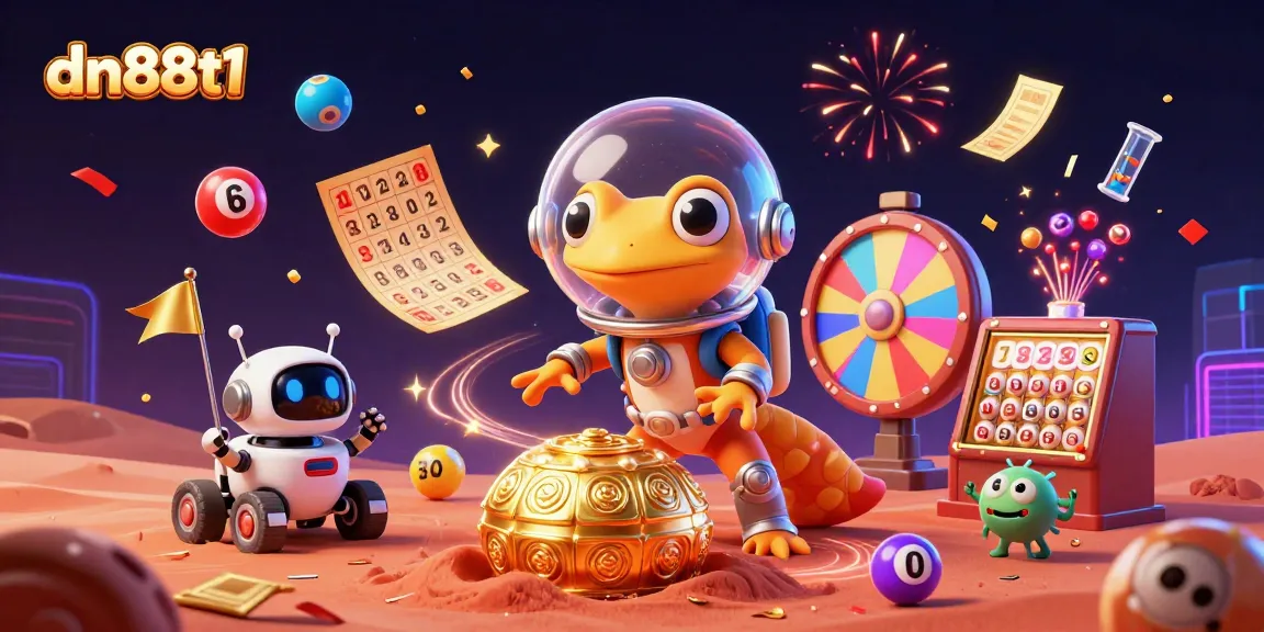 Experience exciting gaming at dn88t1 with a 3D illustration of a Martian gecko discovering a golden casino.