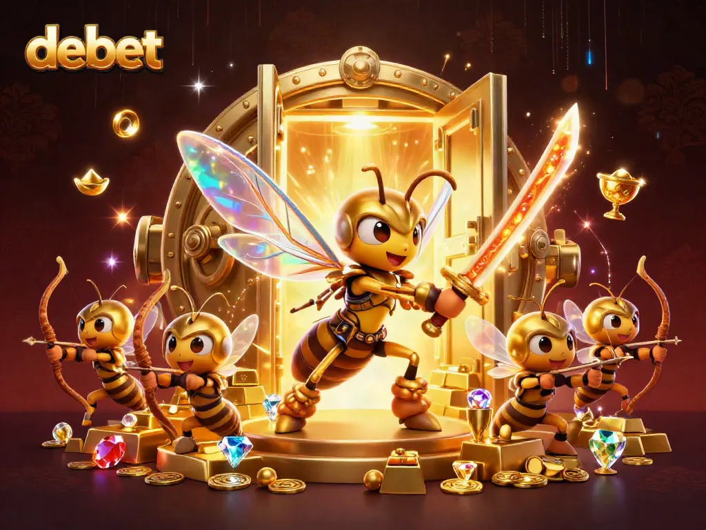 Engage with the vibrant casino world of debet, featuring a golden hornet in samurai armor amid dazzling treasures.