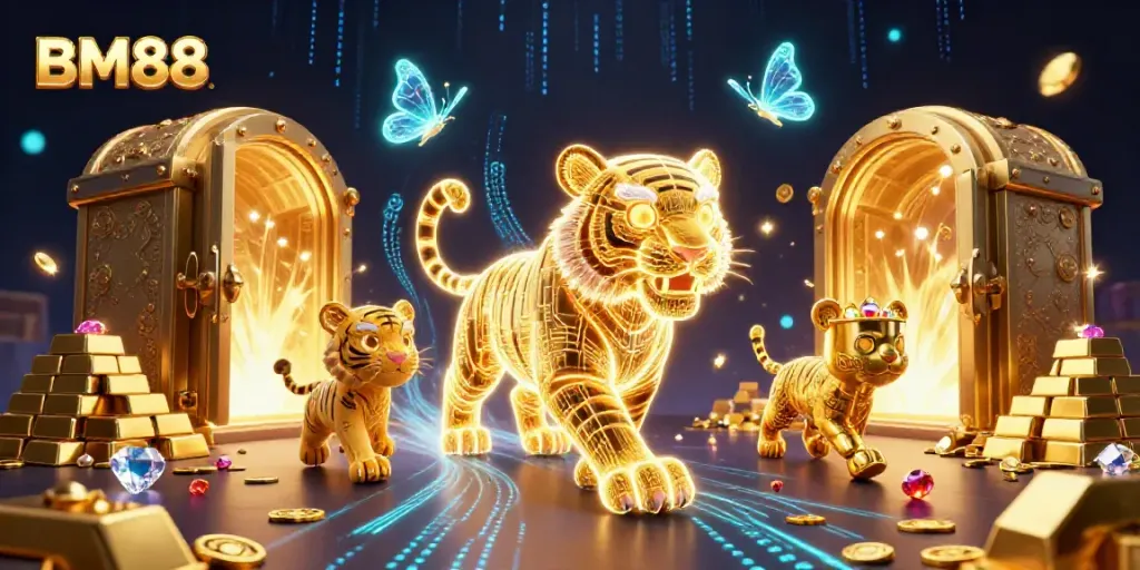 Engage with BM88 at a vibrant digital casino featuring a neon-wireframe golden tiger and treasures.