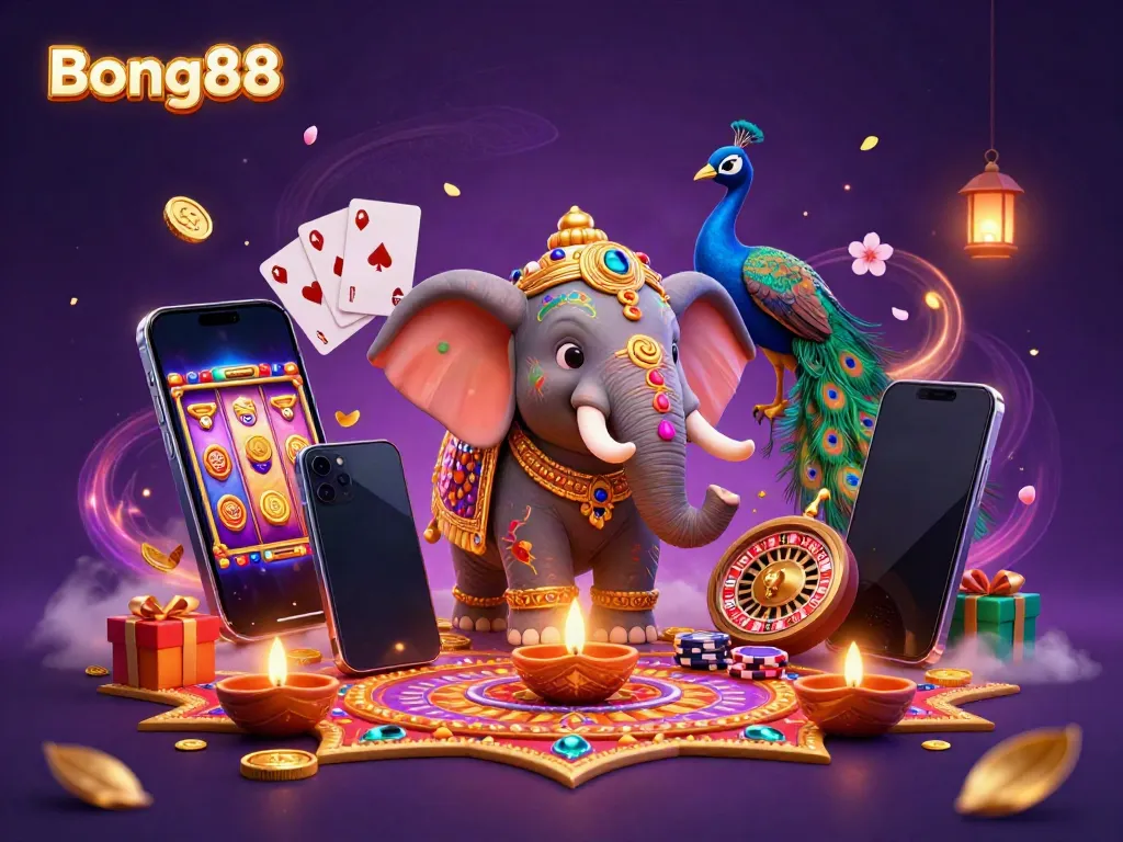 Bong88 captures the thrill of slot gaming with vibrant Diwali-themed elements and a rich casino atmosphere.