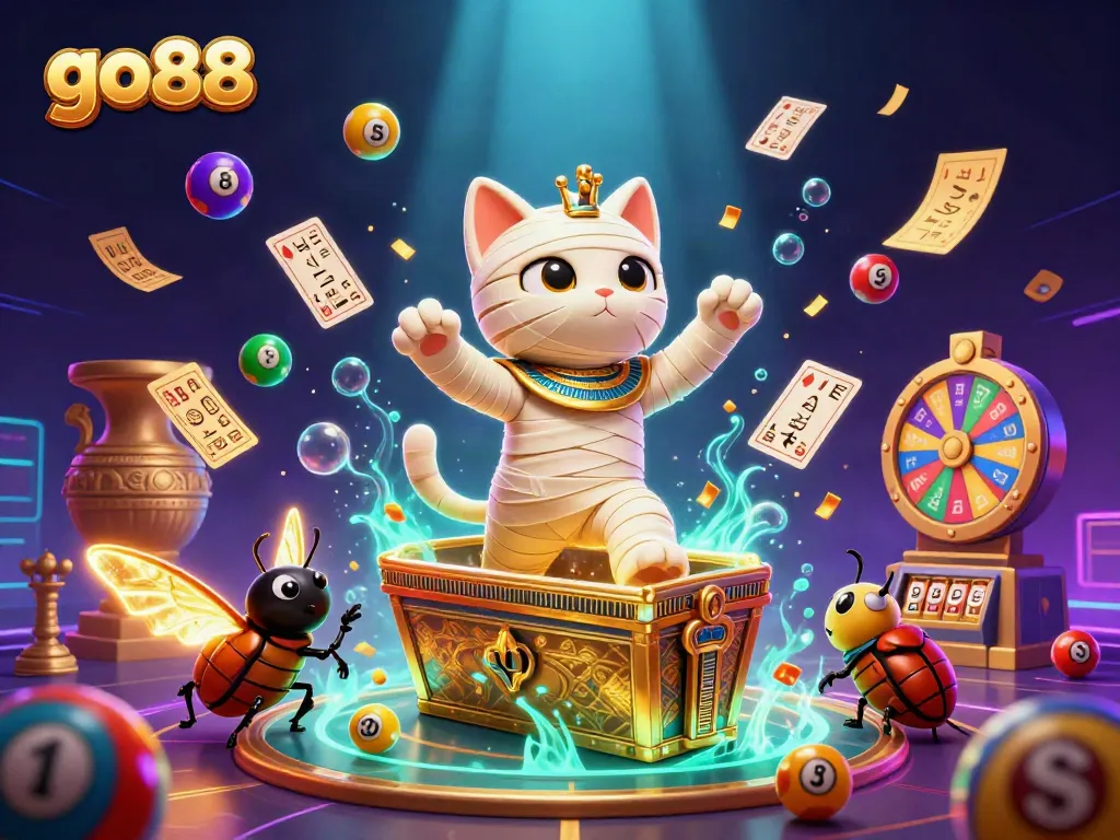 Immerse in the world of go88, where a mummy cat joins a vibrant casino scene filled with lottery excitement.