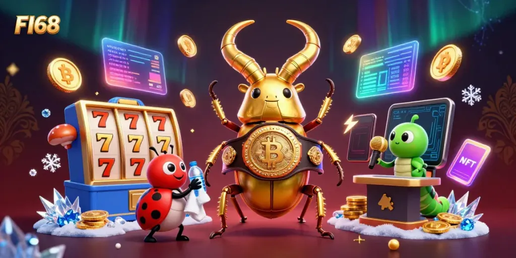 Experience the thrilling world of F168 with dynamic casino elements and characters, showcasing slot reels and cryptocurrencies.