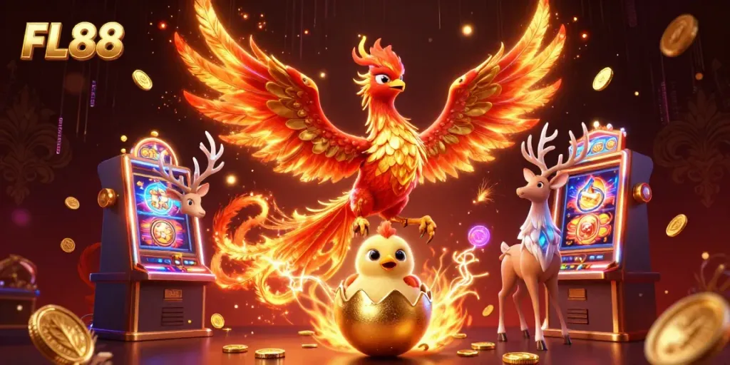 Experience the thrilling energy of FL88 with vivid phoenix characters and dynamic slot elements.