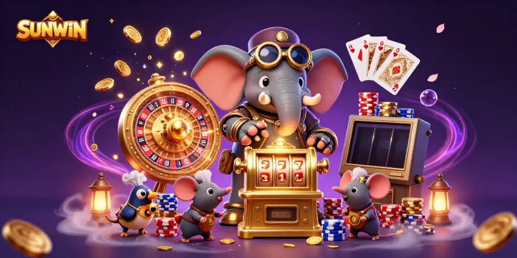 Experience the excitement of SUNWIN with our steampunk-themed slot machine and vibrant casino elements.