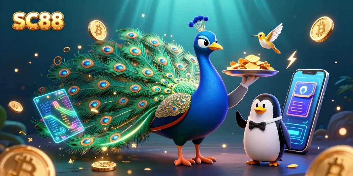 Enhance your gaming experience at SC88 with vibrant 3D casino characters amidst digital cryptocurrency.