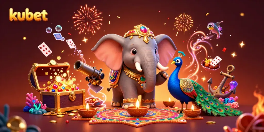 Experience exciting gameplay at kubet with a vibrant 3D scene featuring a Diwali elephant, colorful treasures, and casino elements.
