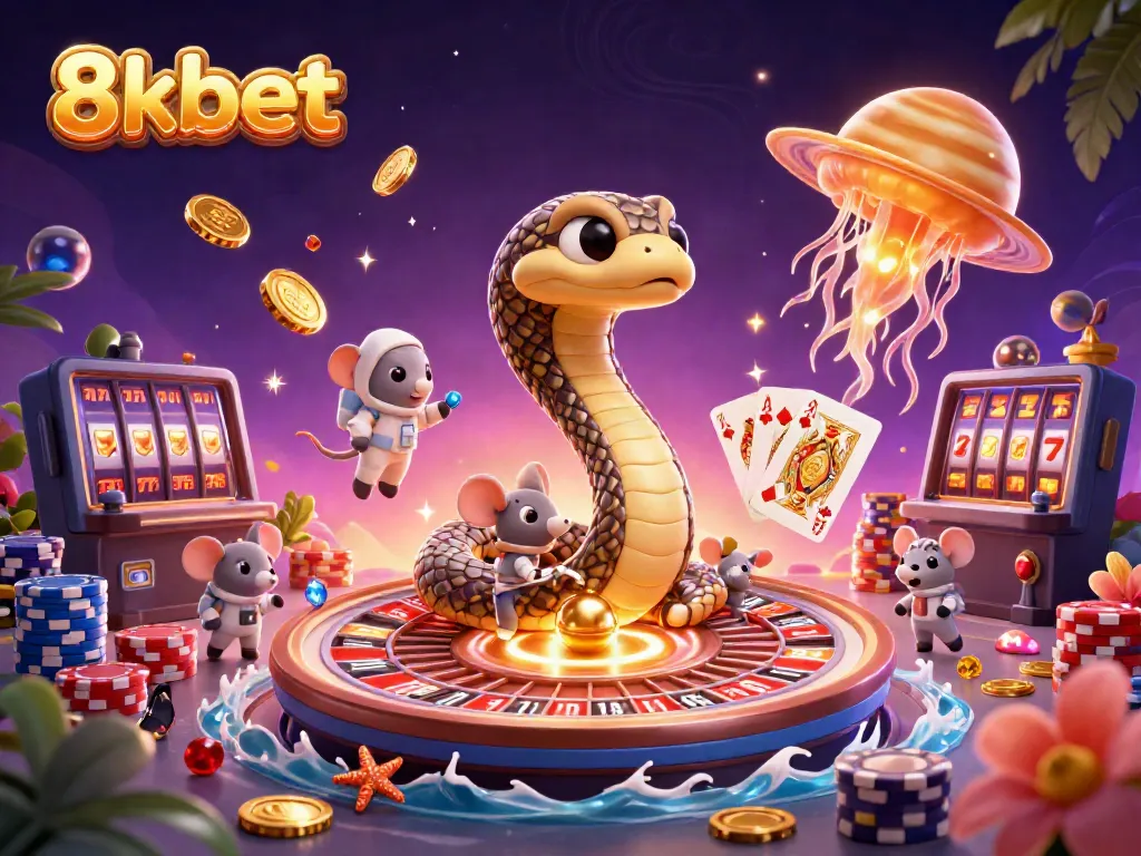 Experience thrilling casino moments with 8xbet as cartoon characters bet in a cosmic roulette scene.