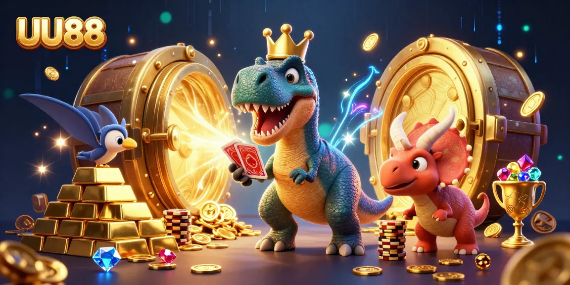 Experience excitement with UU88 as friendly dinosaurs engage in card games and gambling fun.