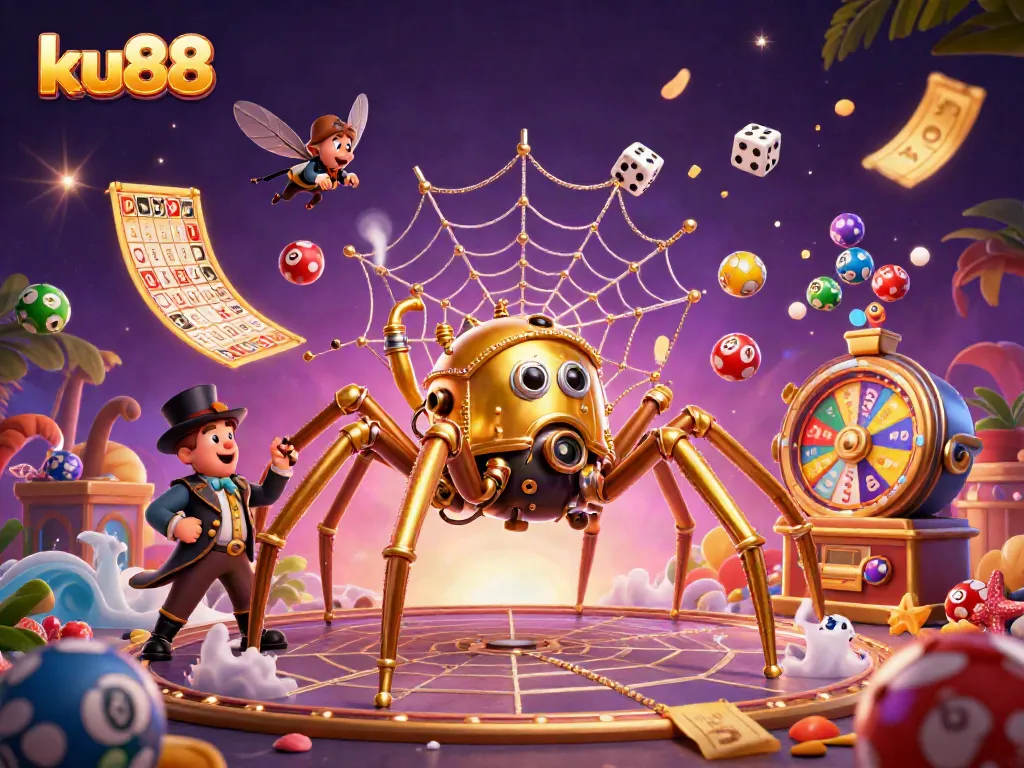 Engaging ku88 gaming scene with a steampunk spider and Victorian fly amid colorful lottery elements.