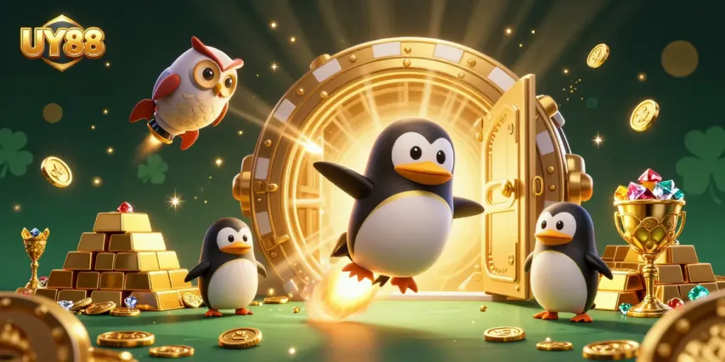 Experience the thrilling adventure of UY88 with a golden penguin and treasure in space.