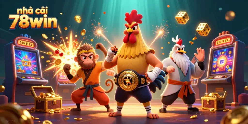 Experience thrilling casino action with nhà cái 78win's vibrant 3D illustration featuring dynamic characters and game elements.
