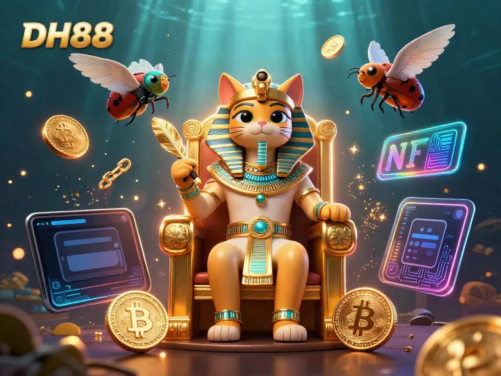 Engage in DH88 casino adventures with luxurious Egyptian pharaoh cat surrounded by crypto treasures.