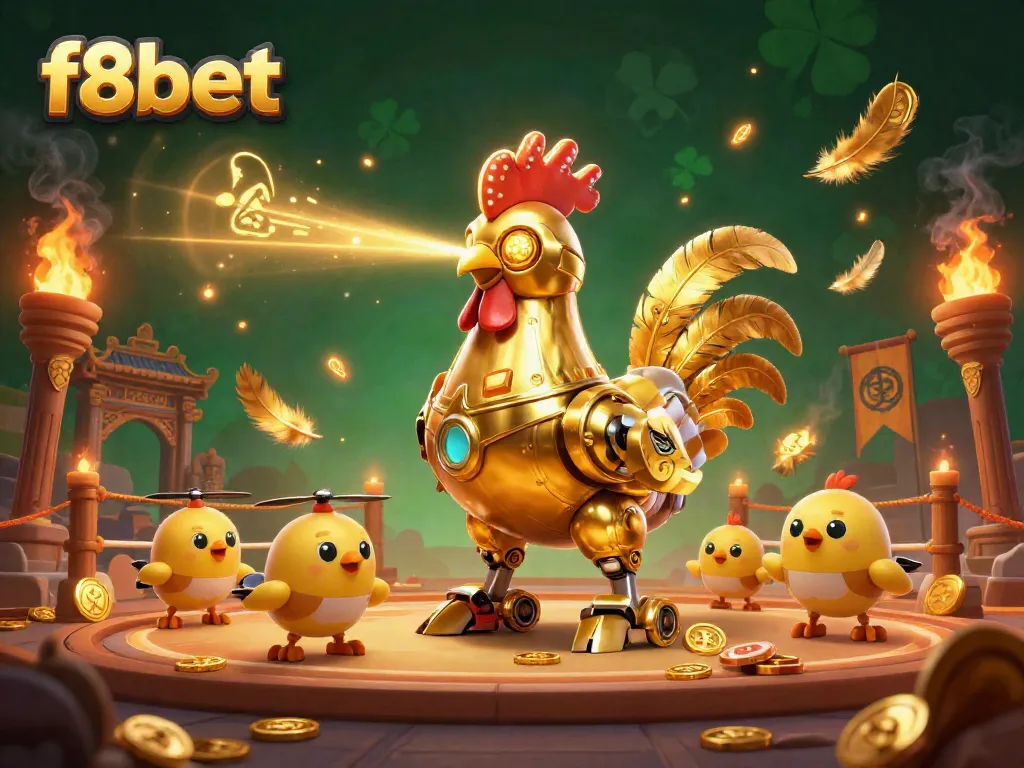 Engage in dynamic gaming with the futuristic f8bet rooster robot commanding baby drones in a vibrant casino scene.