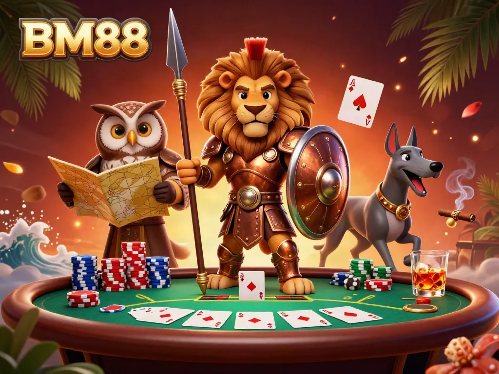 Experience thrilling poker action at BM88 with vibrant characters and immersive casino elements.