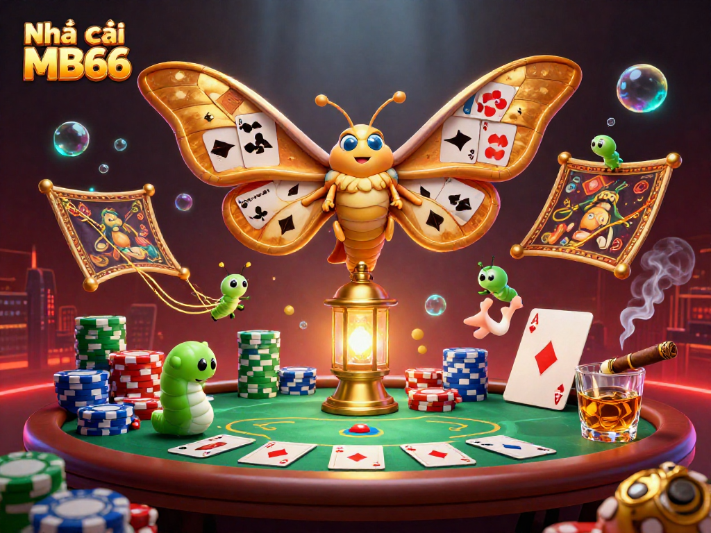 Engage with Nhà cái MB66 by discovering vibrant casino scenes featuring golden moths and poker elements.