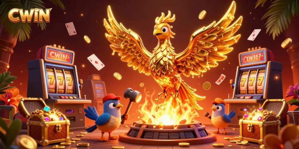 CWIN interactive slots scene with golden phoenix and dynamic gameplay elements illustrating the online casino experience.