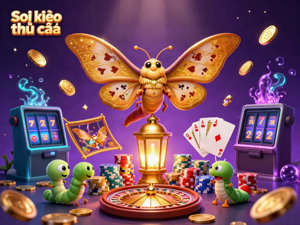 Soi kèo nhà cái illustration showcasing a vibrant casino scene with a golden moth and dynamic elements.
