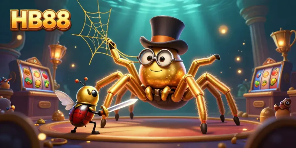 Experience thrilling action at HB88 with a golden tarantula spinning a web of winning in a vibrant casino.