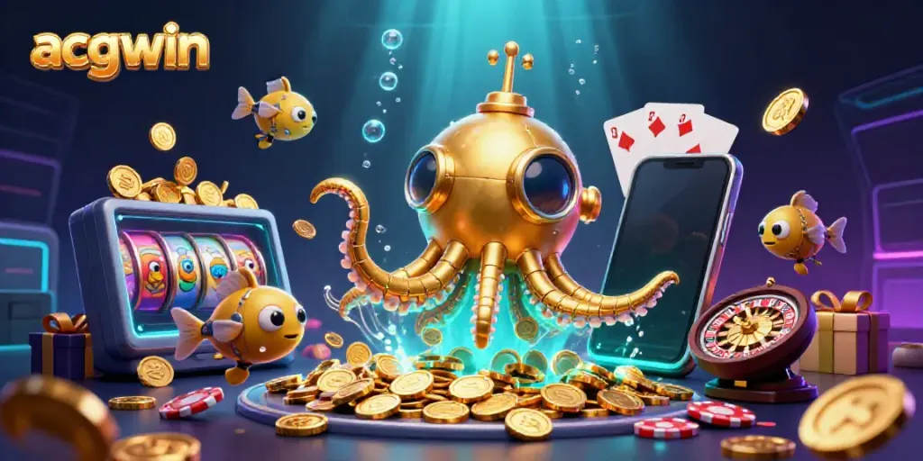 Experience acgwin's vibrant casino gaming with a golden kraken and slot game elements.