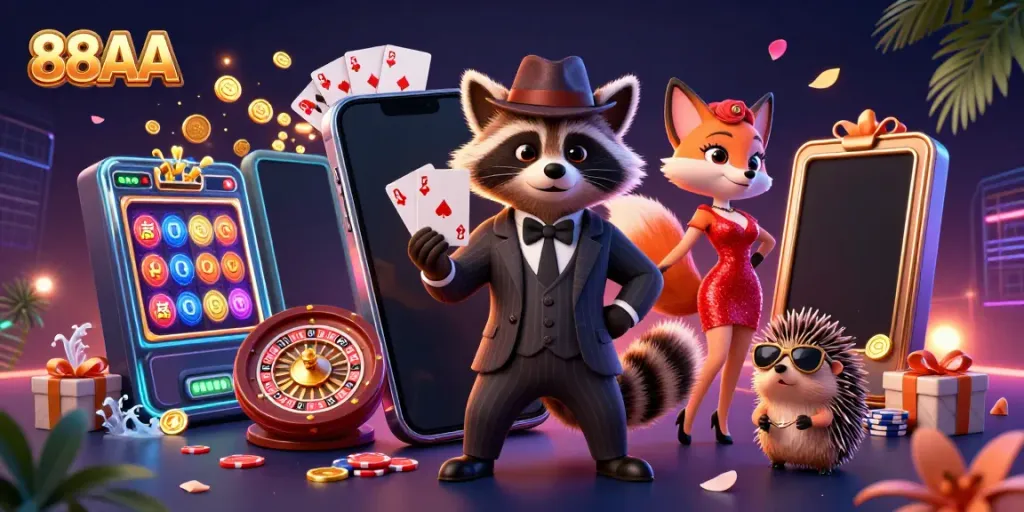 Engaging 88AA scene featuring a suave raccoon, fox lady, and hedgehog bouncer amidst dynamic casino gaming elements.