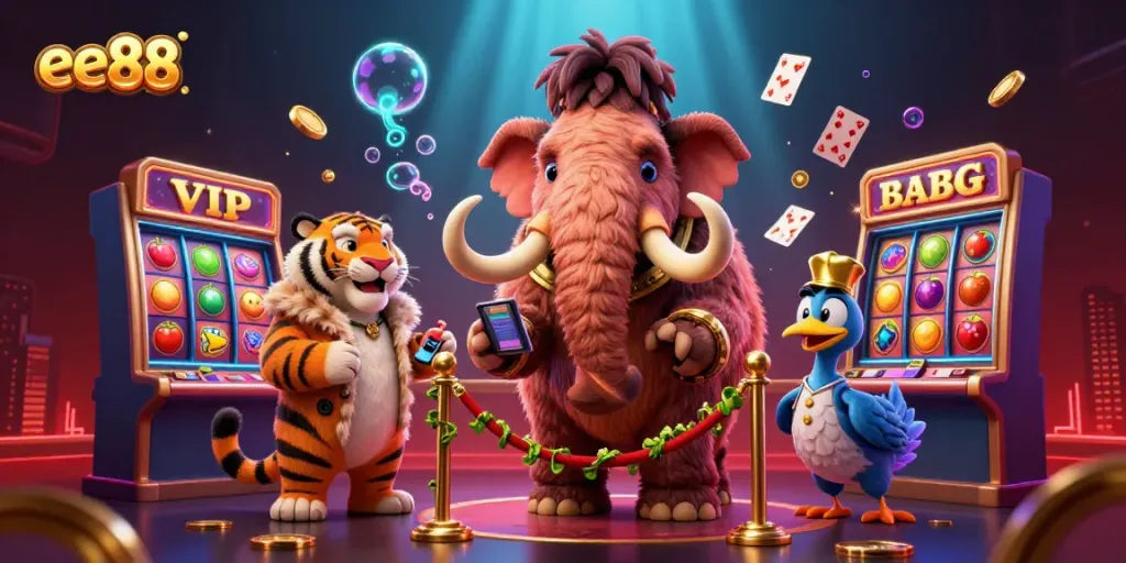 Experience the thrill of ee88 with engaging characters in a vibrant casino scene bursting with slot elements.