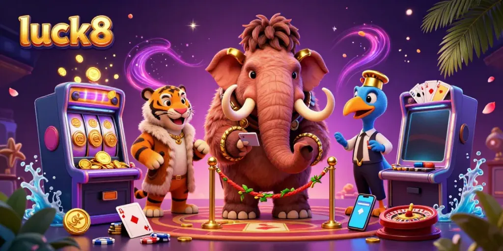 Experience exciting games at luck8 with vibrant characters and casino elements.